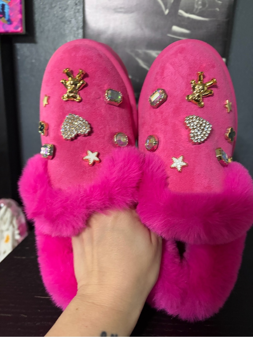 Hot Pink Platform Fur Slip-On Mules with Jewel Accents - Picture 4 of 8